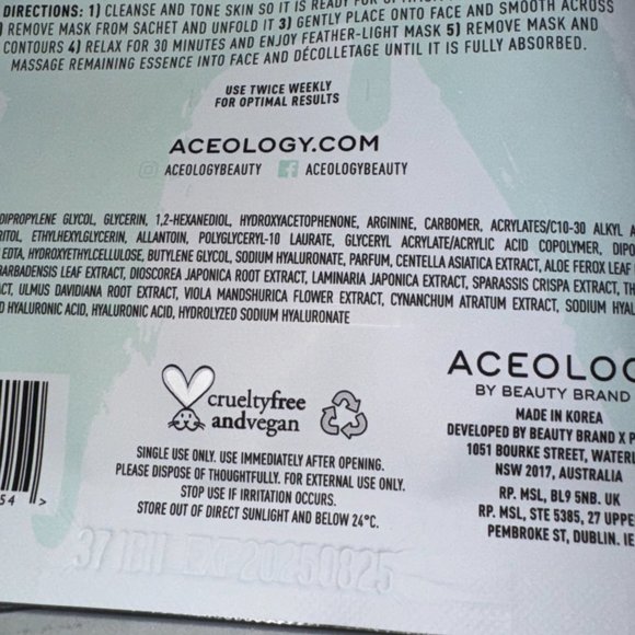 Aceology HYALURONIC ACID INTENSIVE REPAIRING BIODEGRADABLE MASK - Picture 6 of 7